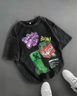 Yıkamalı Creeper Baskılı Oversize Vintage Tshirt