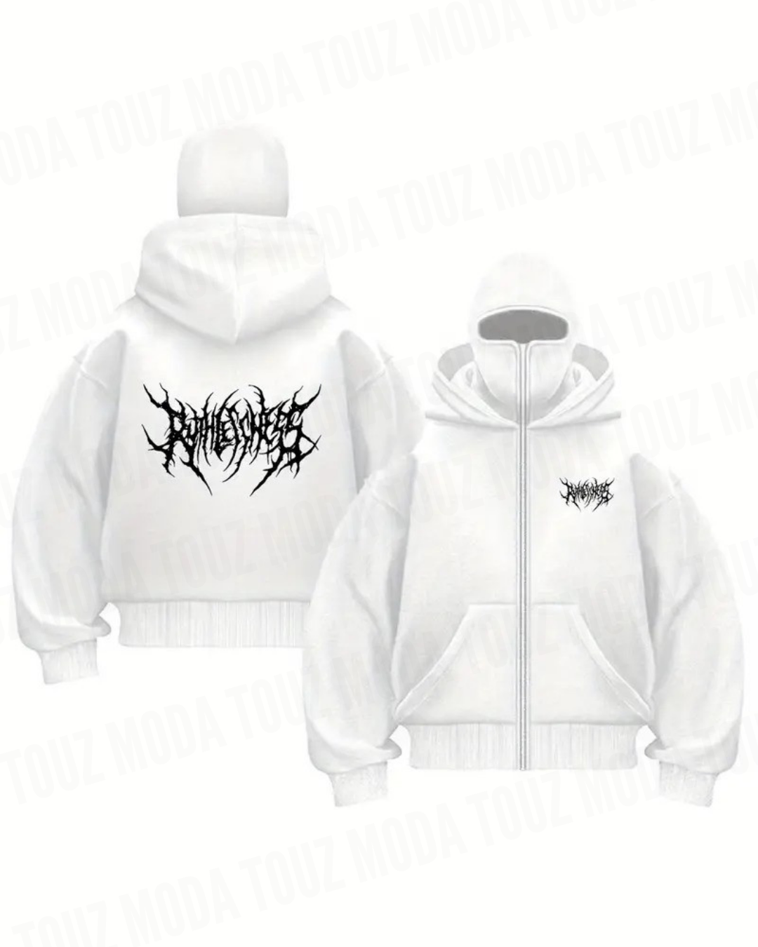 Gothic Maske Detaylı Oversize Fermuarlı Ecru Unisex Kapüşonlu Hırka