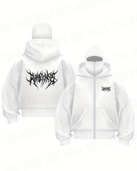 Gothic Maske Detaylı Oversize Fermuarlı Ecru Unisex Kapüşonlu Hırka