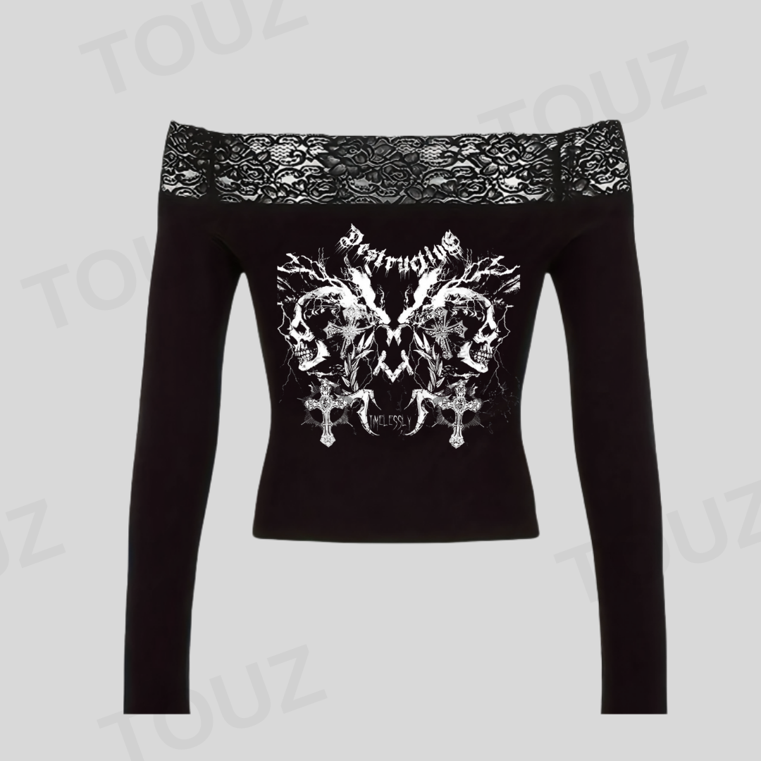 Gothic Lace Design Siyah Uzun Kol Dantelli Bluz