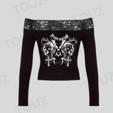 Gothic Lace Design Siyah Uzun Kol Dantelli Bluz