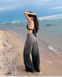 Streetwear Gri Parçalı Baggy Jean Pantolon