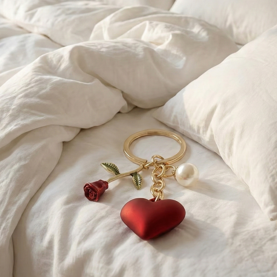 Romantik Gül & İnci Kalp Charm Anahtarlık