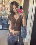 Y2K Kahverengi V Yaka Dantelli Kadın Basic Tişört