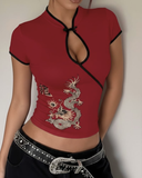 Mandarin Yaka Ejderha Motifli Vintage Crop