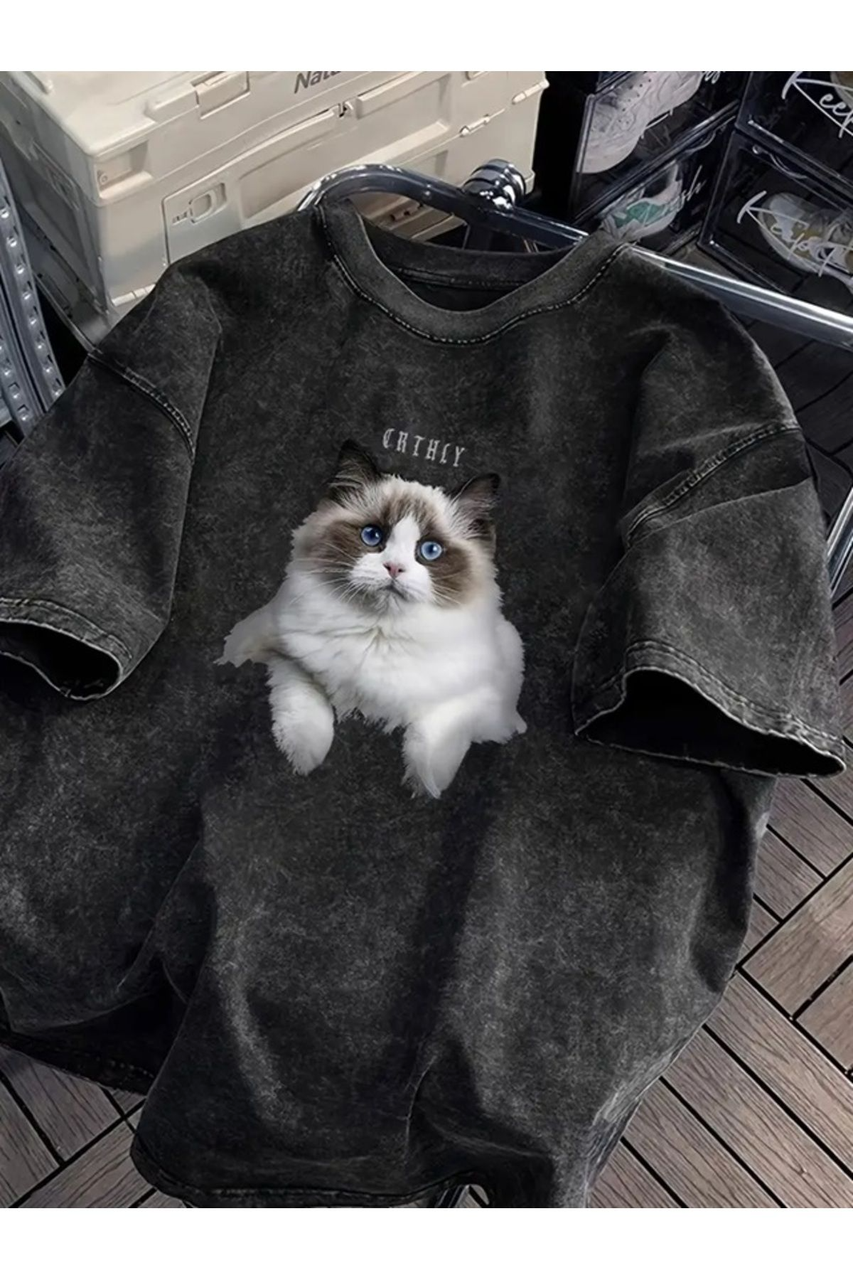 Yıkamalı Cute Cat Baskılı Oversize Vintage Tshirt