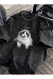 Yıkamalı Cute Cat Baskılı Oversize Vintage Tshirt