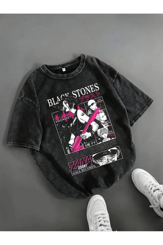 Vintage Black Stones Baskılı Oversize Vintage T-Shirt