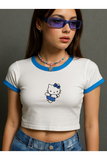 Mavi Biyeli Kitty Baskılı Beyaz Body Crop Bluz