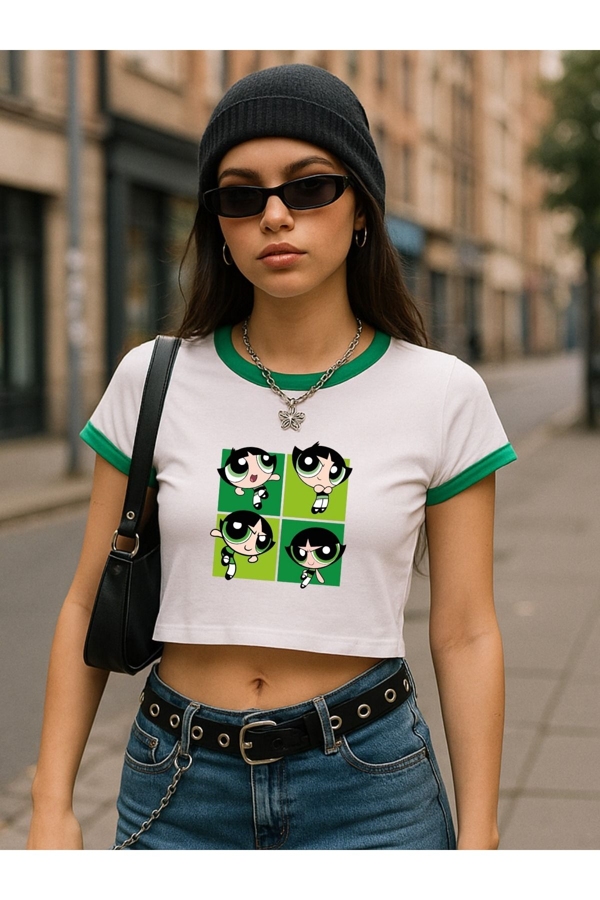 Biyeli The Powepuff Girls Baskılı Beyaz Body Crop Bluz