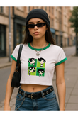 Biyeli The Powepuff Girls Baskılı Beyaz Body Crop Bluz