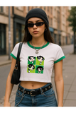 Biyeli The Powepuff Girls Baskılı Beyaz Body Crop Bluz