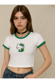 Biyeli Kitty Baskılı Beyaz Body Crop Bluz