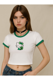Biyeli Kitty Baskılı Beyaz Body Crop Bluz