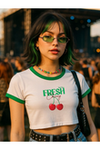 Fresh Cherry Baskılı Beyaz Body Crop Bluz
