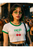 Fresh Cherry Baskılı Beyaz Body Crop Bluz
