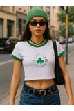 Yeşil Biyeli Boston Baskılı Beyaz Body Crop Bluz