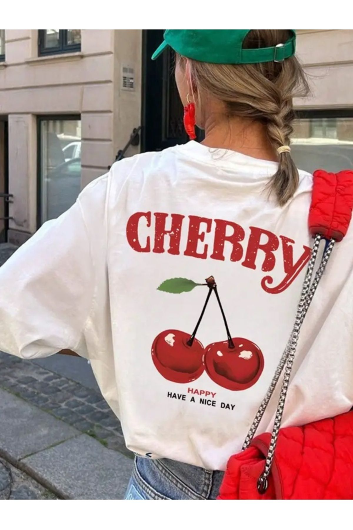 Cherry Ön Arka Baskılı Unisex Oversize T-shirt