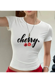 Cherry Baskılı Beyaz Body Crop Bluz