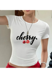 Cherry Baskılı Beyaz Body Crop Bluz