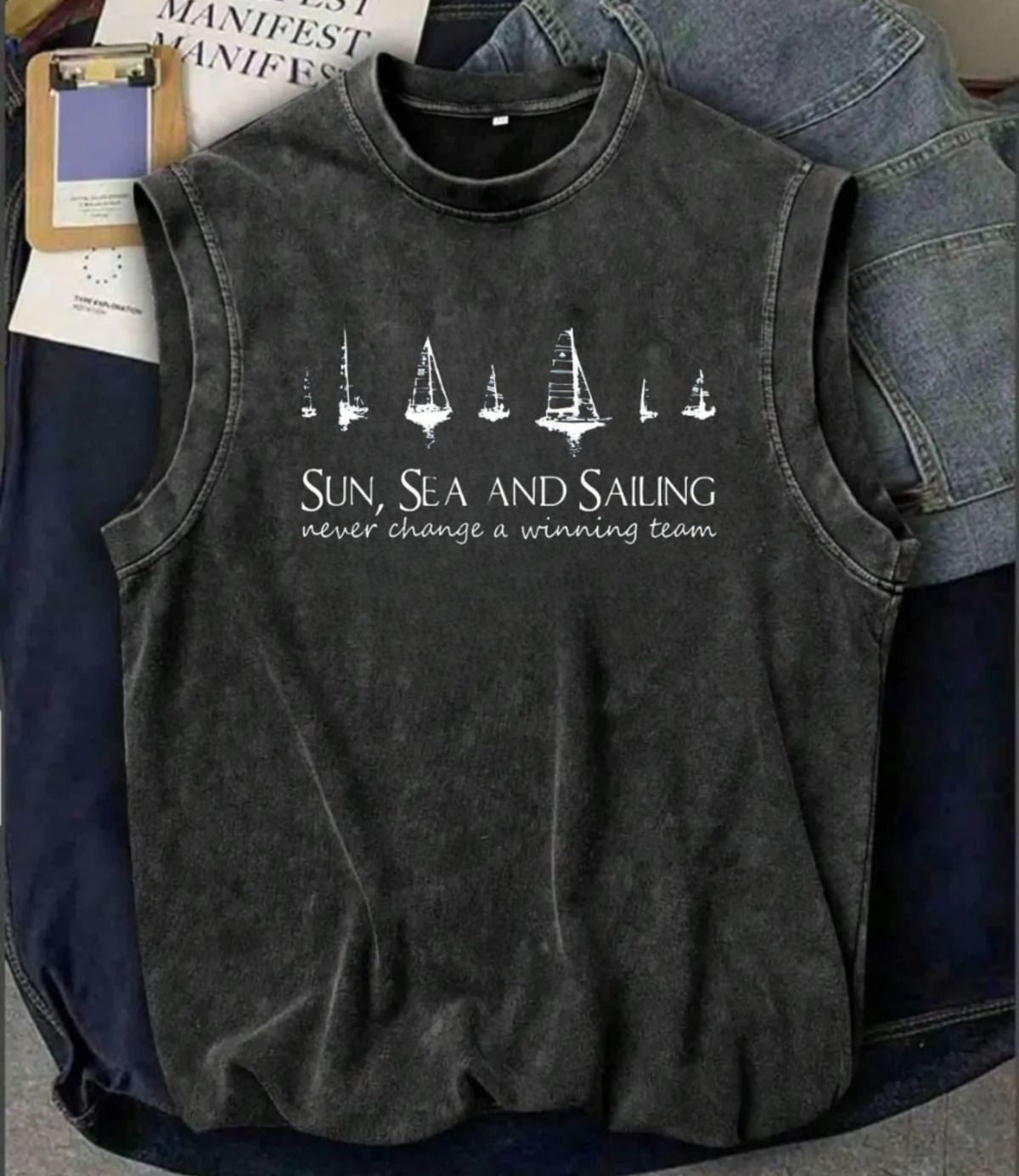 Holiday Line Sun Sea and Sailing Kolsuz Atlet Bisiklet Yaka Yıkamalı Vintage Unisex Oversize T-Shirt