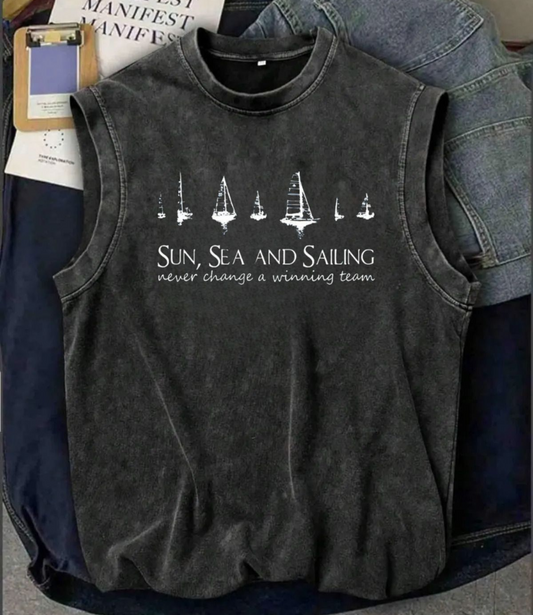 Holiday Line Sun Sea and Sailing Kolsuz Atlet Bisiklet Yaka Yıkamalı Vintage Unisex Oversize T-Shirt