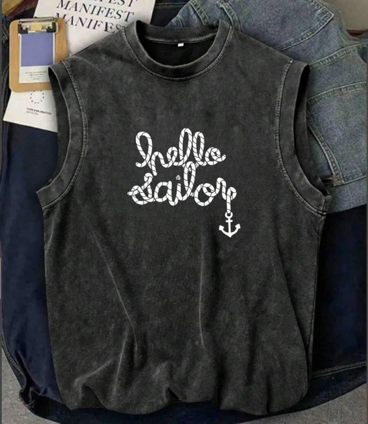 Holiday Line Hello Sailor Atlet Bisiklet Yaka Yıkamalı Vintage Unisex Oversize T-Shirt