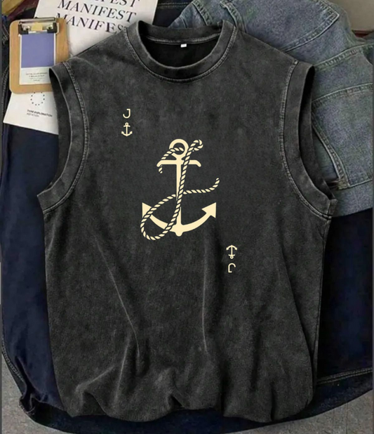 Holiday Line Anchor Kolsuz Atlet Bisiklet Yaka Yıkamalı Vintage Unisex Oversize T-Shirt