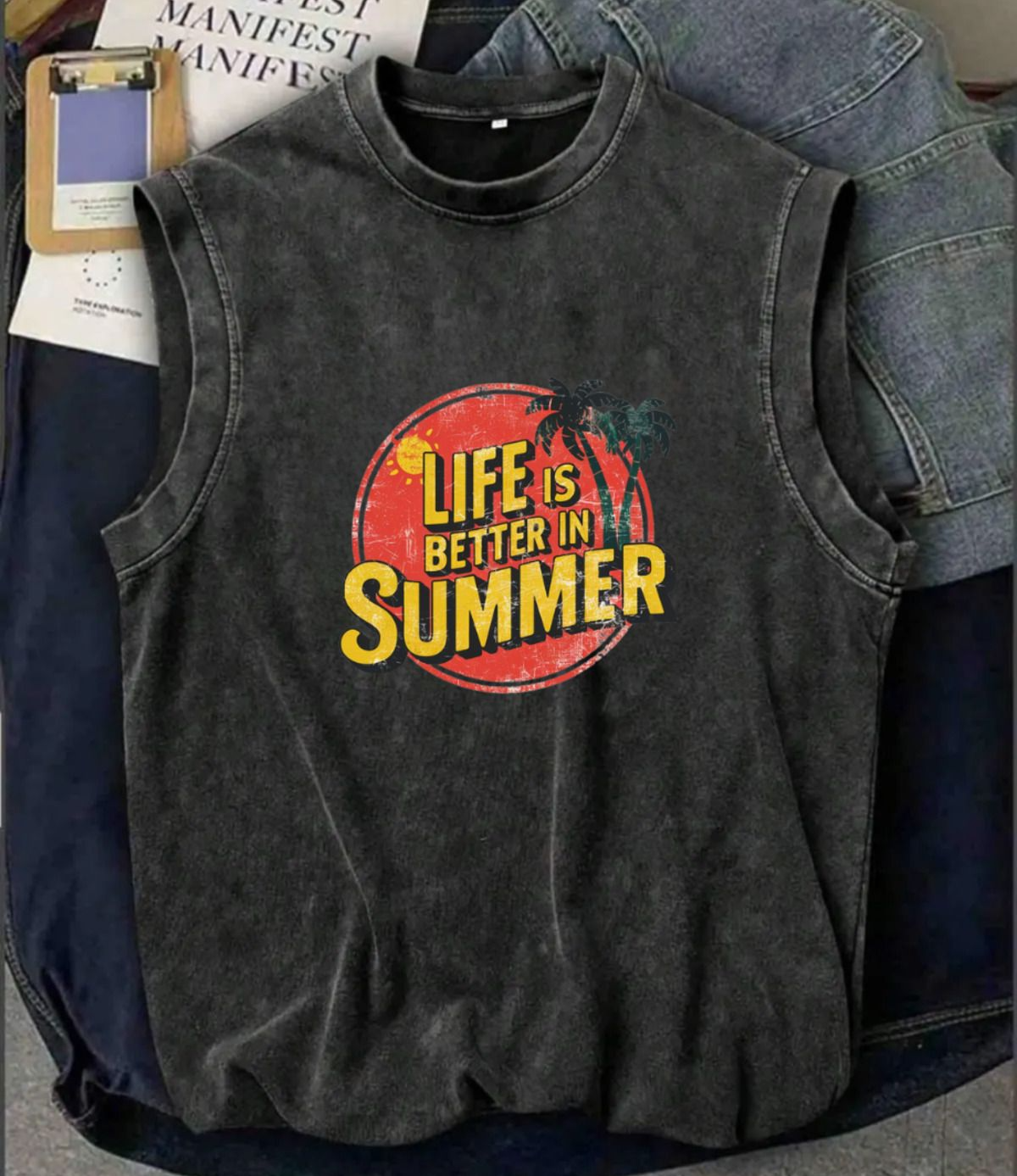 Holiday Line Summer Kolsuz Atlet Bisiklet Yaka Yıkamalı Vintage Unisex Oversize T-Shirt