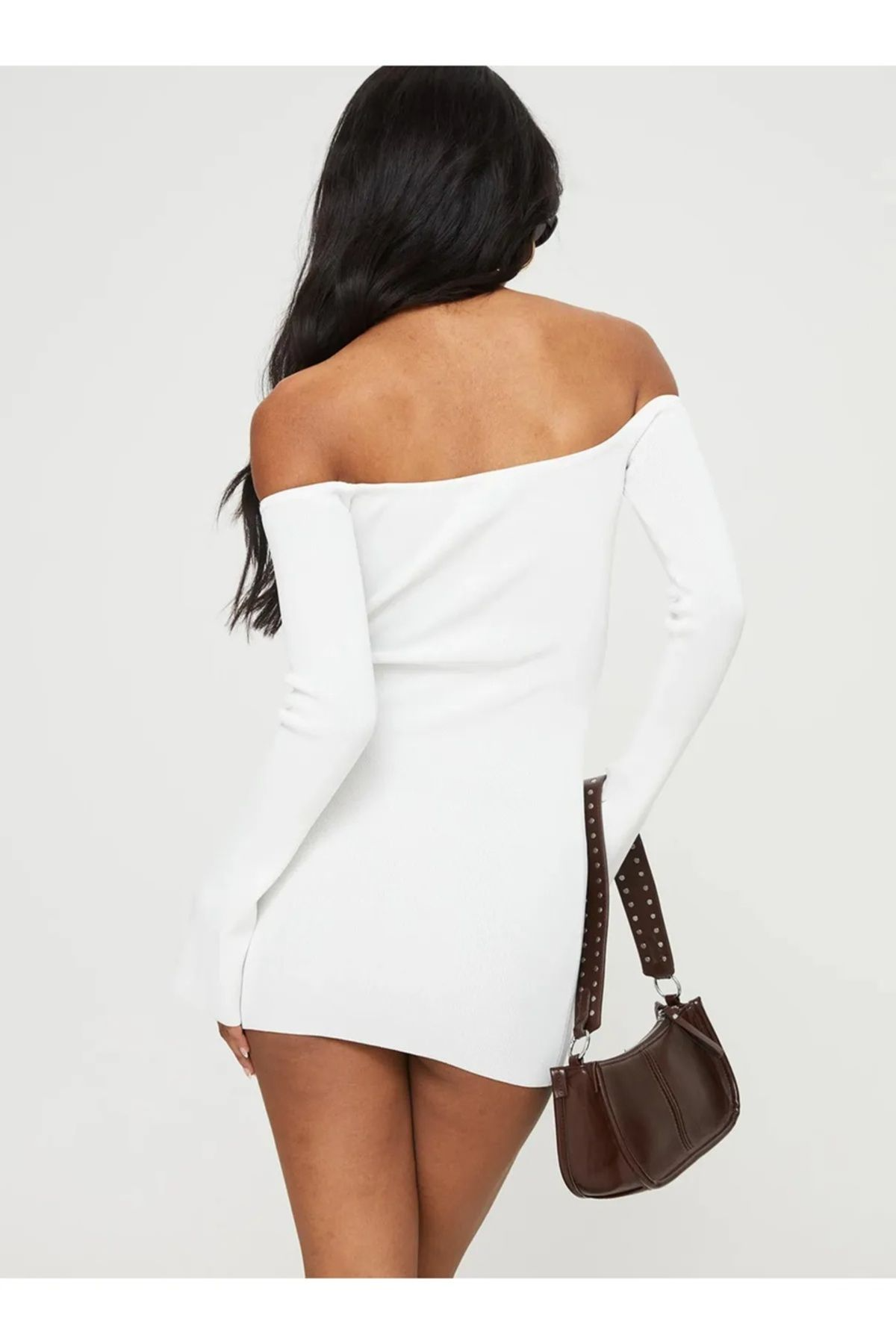 Kadın Ribana Açık Omuz Uzun Kollu Mini Elbise