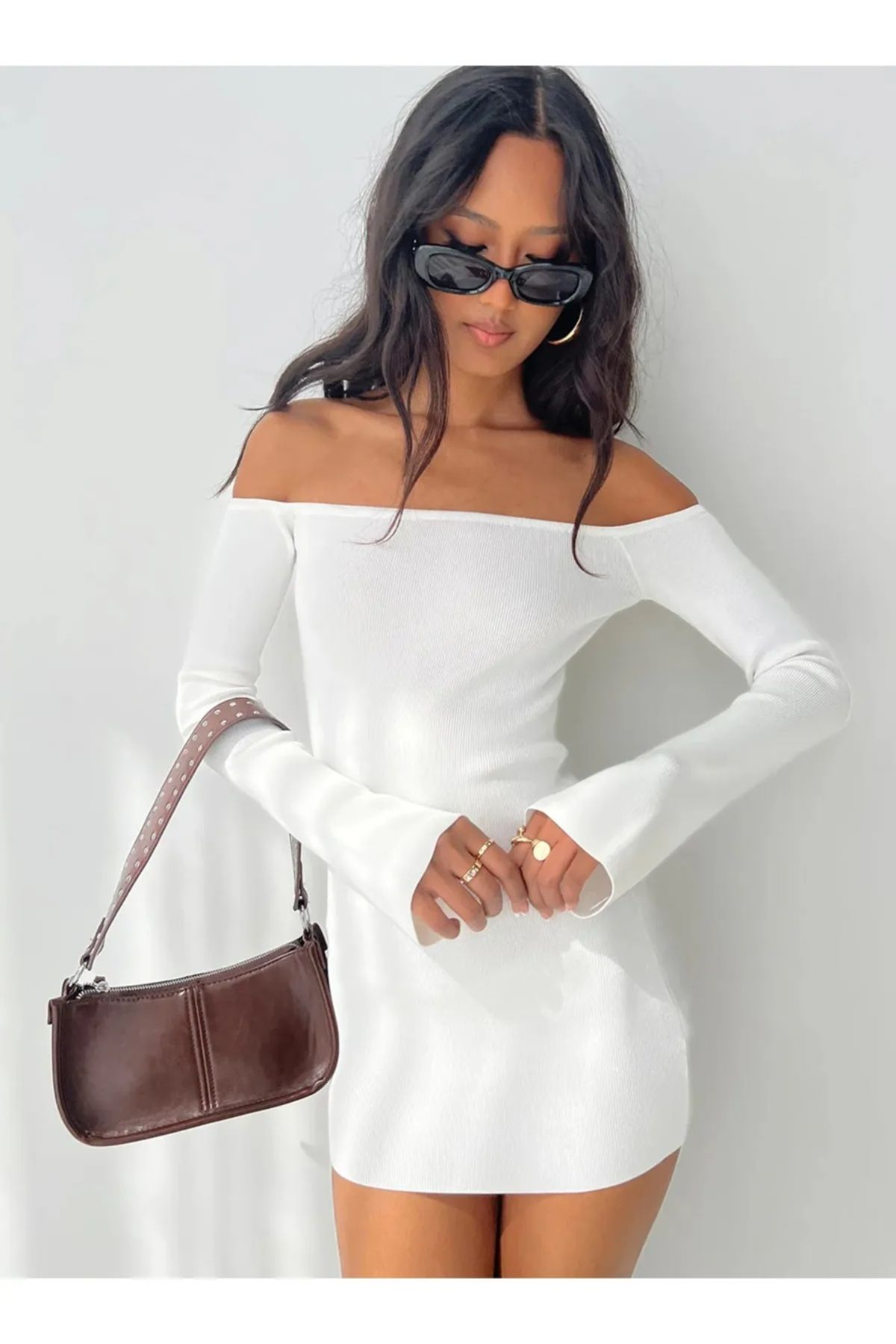 Kadın Ribana Açık Omuz Uzun Kollu Mini Elbise