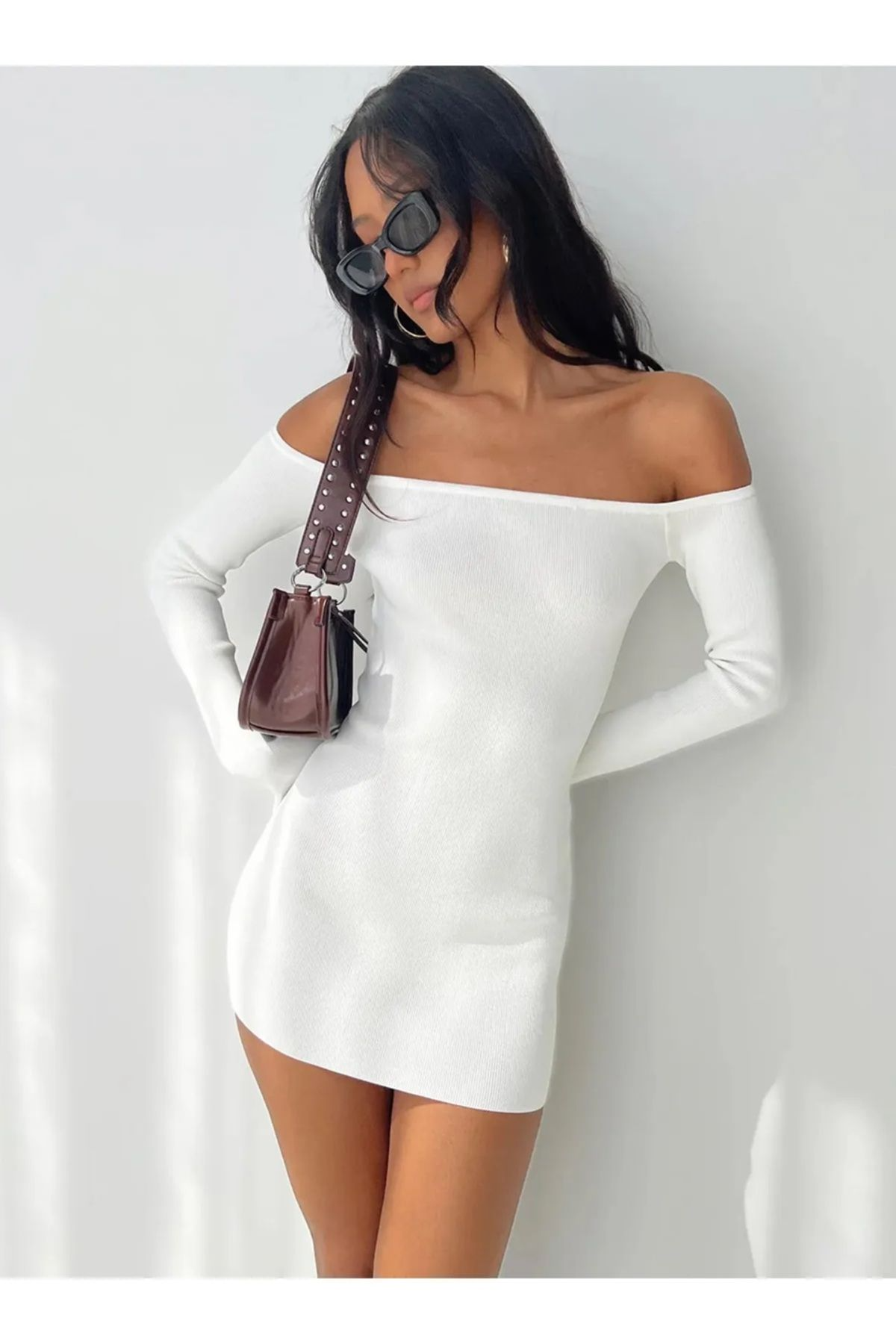 Kadın Ribana Açık Omuz Uzun Kollu Mini Elbise