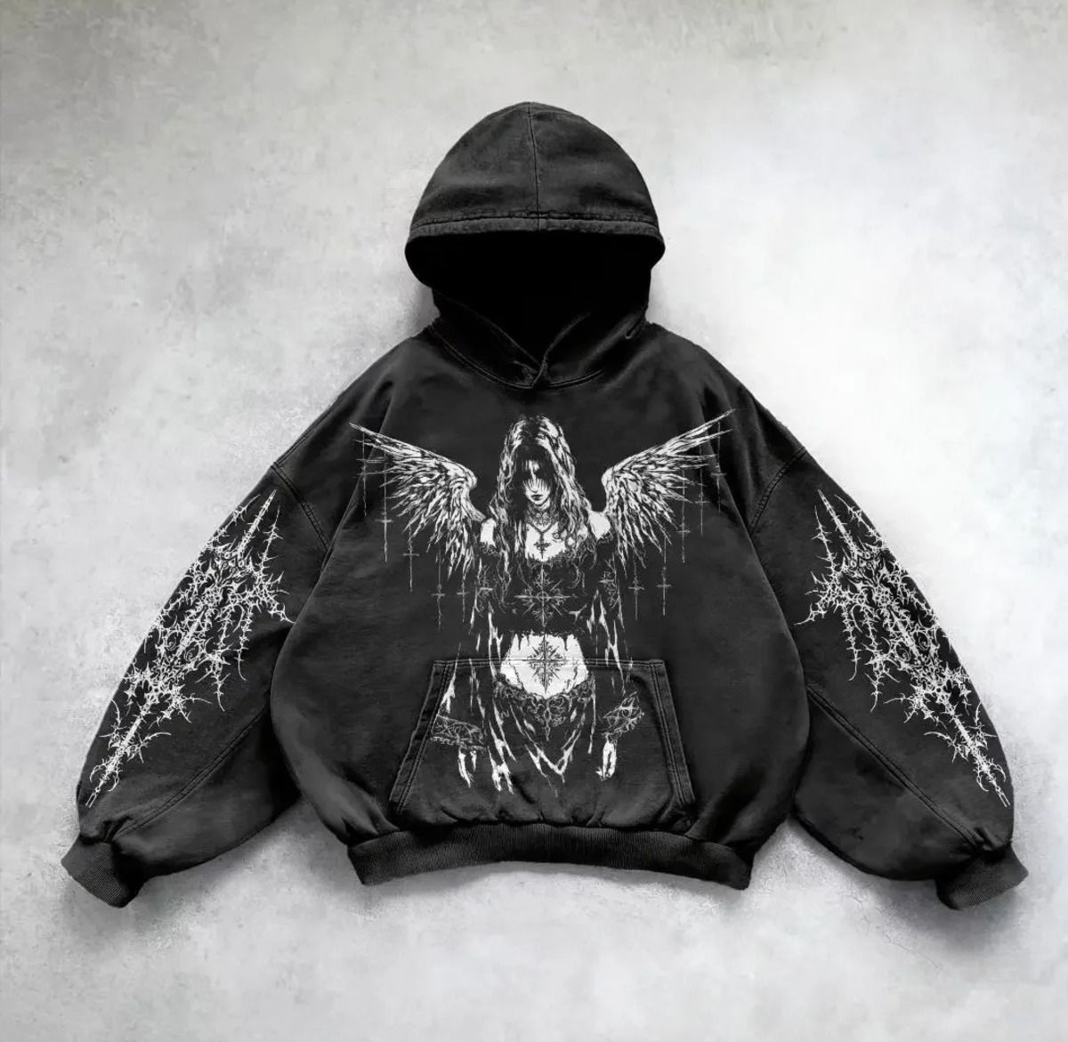 Yıkamalı Angel Wings Women Gothic Kapüşonlu Sweatshirt