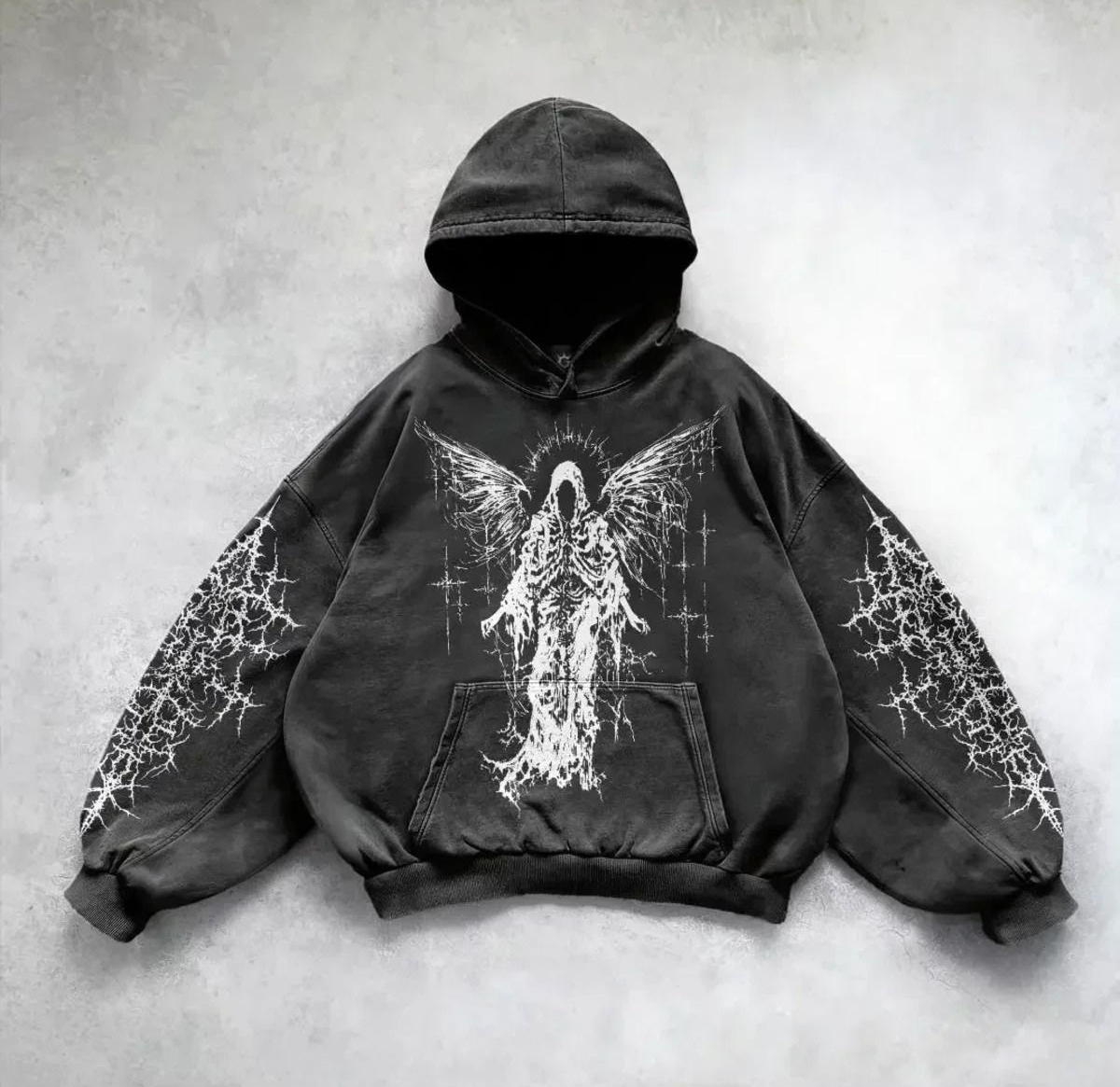 Yıkamalı Devil Winged Gothic Kapüşonlu Sweatshirt