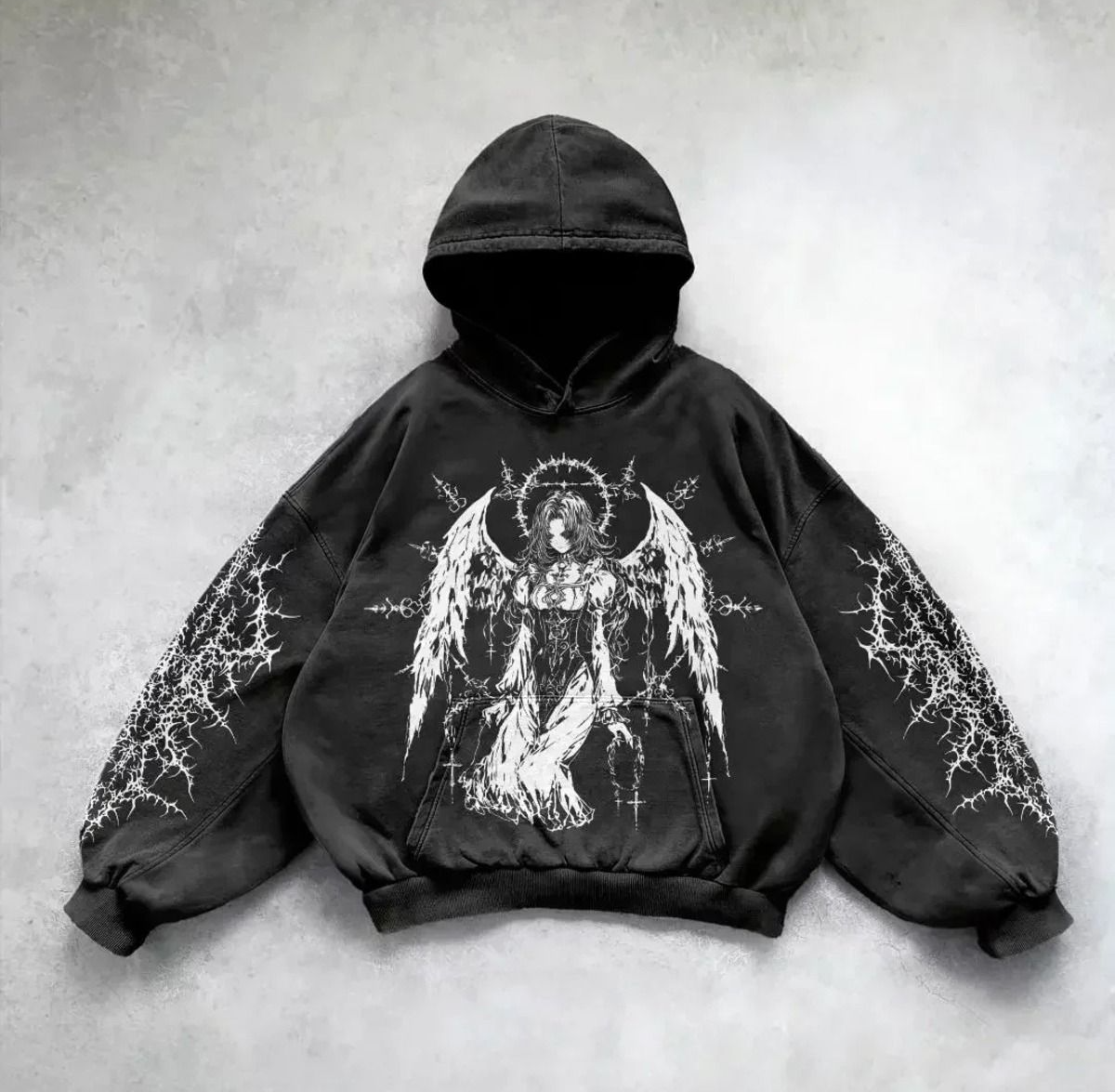 Yıkamalı Thinking Angel Woman Gothic Kapüşonlu Sweatshirt