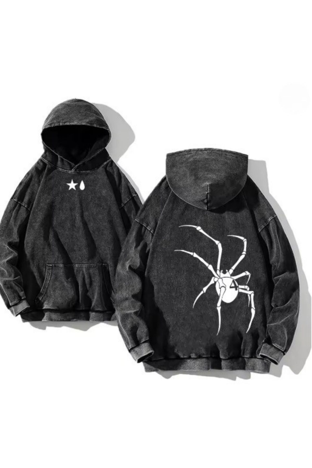 Yıkamalı Four Number Spider Kapüşonlu Sweatshirt