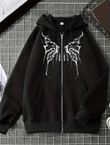 Gothic Butterfly Baskılı Oversize Fermuarlı Siyah Unisex Kapüşonlu Hırka