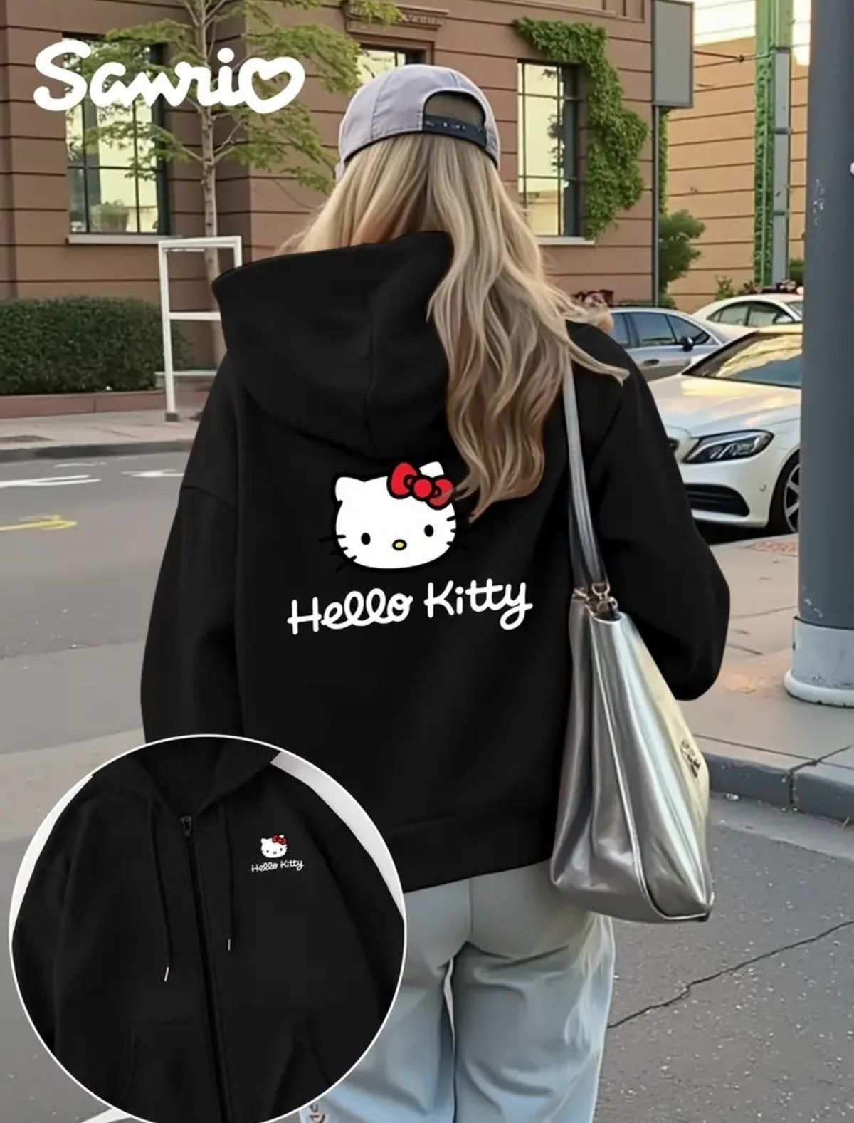 Kitty Ön Arka Baskılı Oversize Fermuarlı Siyah Unisex Kapüşonlu Hırka