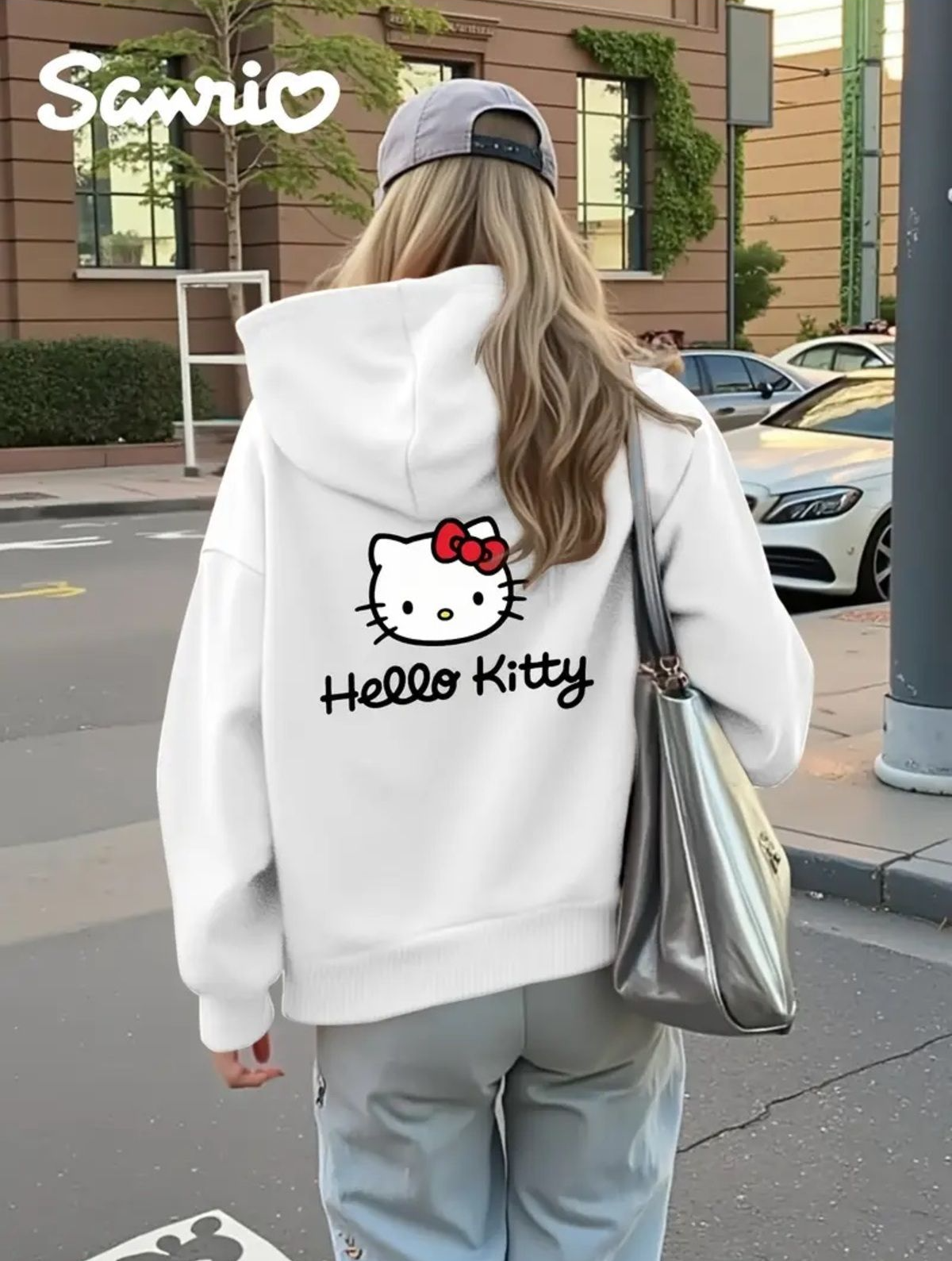 Kitty Ön Arka Baskılı Oversize Fermuarlı Siyah Unisex Kapüşonlu Hırka