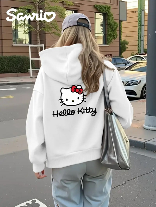 Kitty Ön Arka Baskılı Oversize Fermuarlı Siyah Unisex Kapüşonlu Hırka