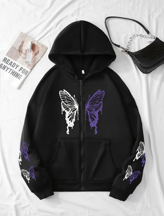Butterfly Baskılı Oversize Fermuarlı Siyah Unisex Kapüşonlu Hırka