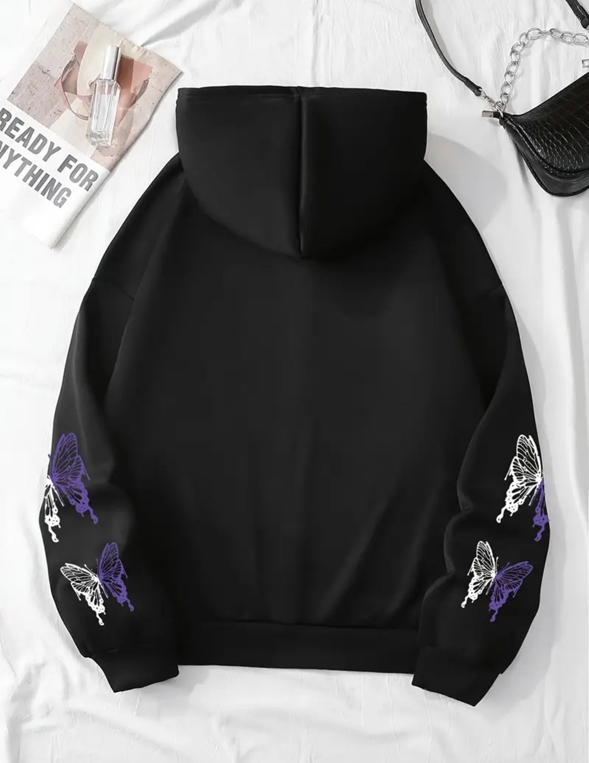 Butterfly Baskılı Oversize Fermuarlı Siyah Unisex Kapüşonlu Hırka