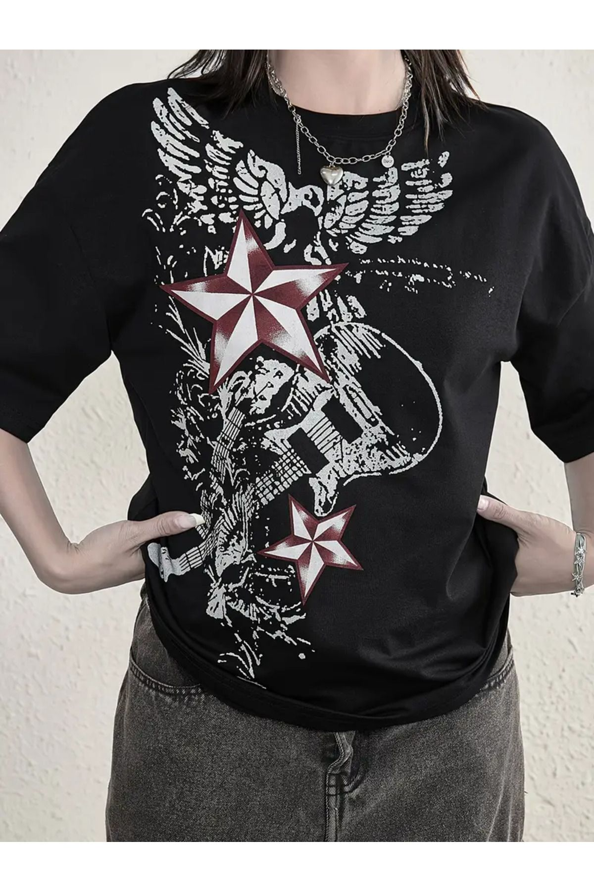 Star Punk Paint Baskılı Unisex Oversize T-shirt