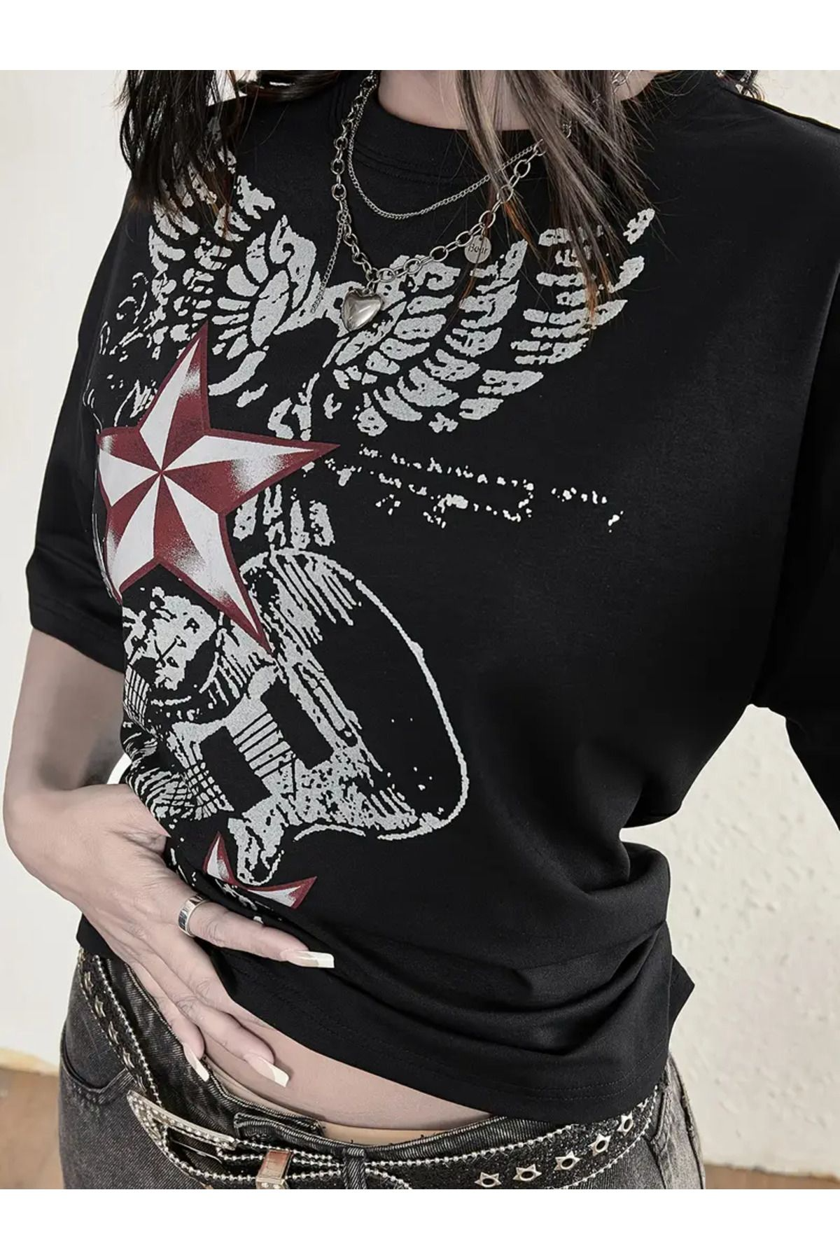 Star Punk Paint Baskılı Unisex Oversize T-shirt