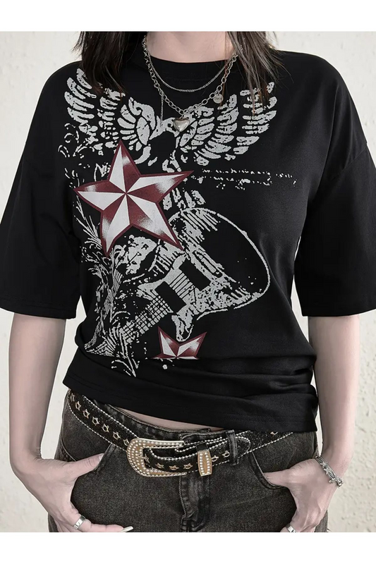 Star Punk Paint Baskılı Unisex Oversize T-shirt