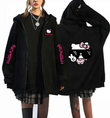 Kitty Baskılı Oversize Fermuarlı Siyah Unisex Kapüşonlu Hırka