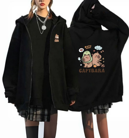 CapyBara Baskılı Oversize Fermuarlı Siyah Unisex Kapüşonlu Hırka