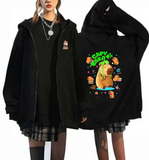 CapyBara Baskılı Oversize Fermuarlı Siyah Unisex Kapüşonlu Hırka