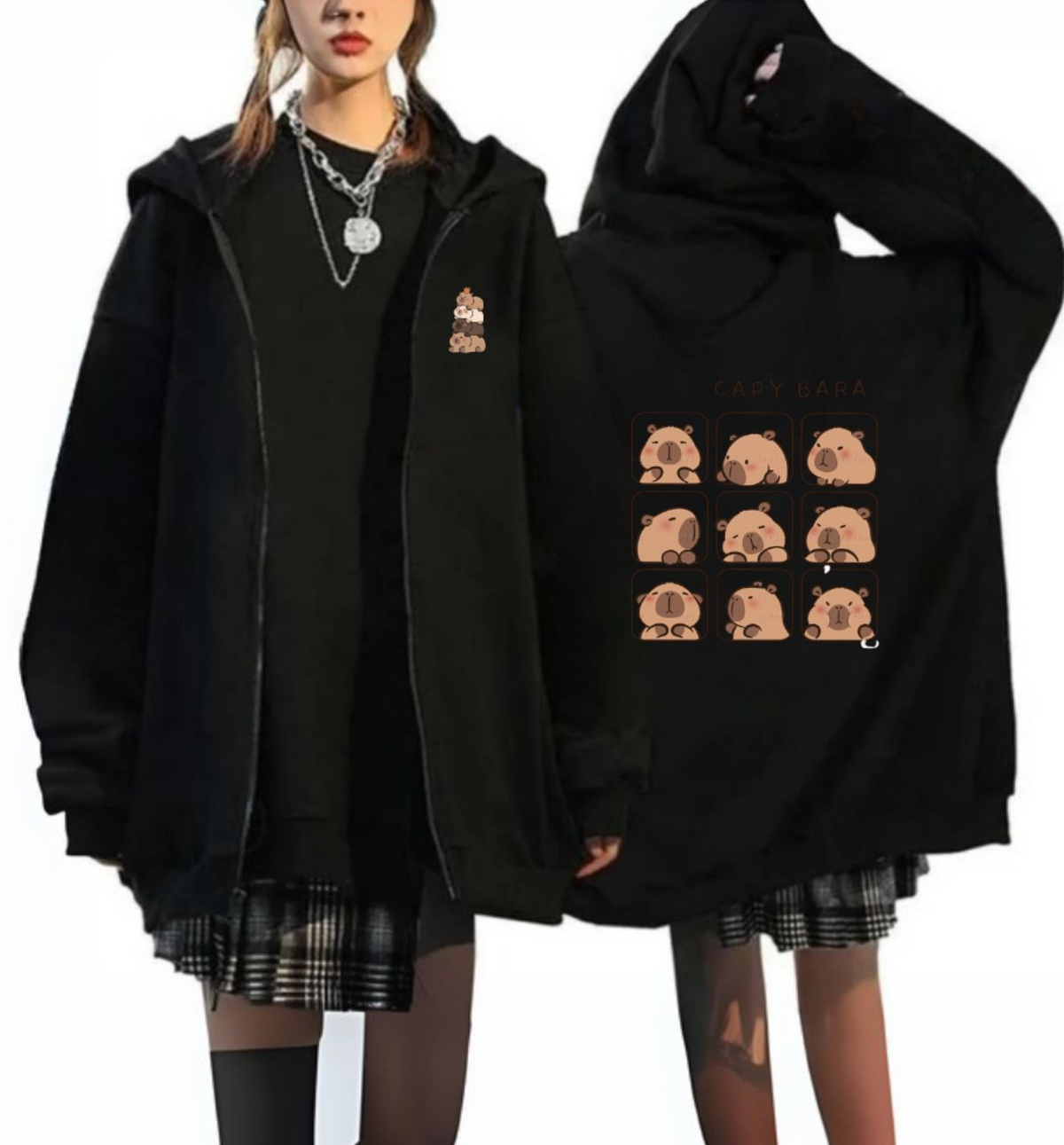 CapyBara Baskılı Oversize Fermuarlı Siyah Unisex Kapüşonlu Hırka