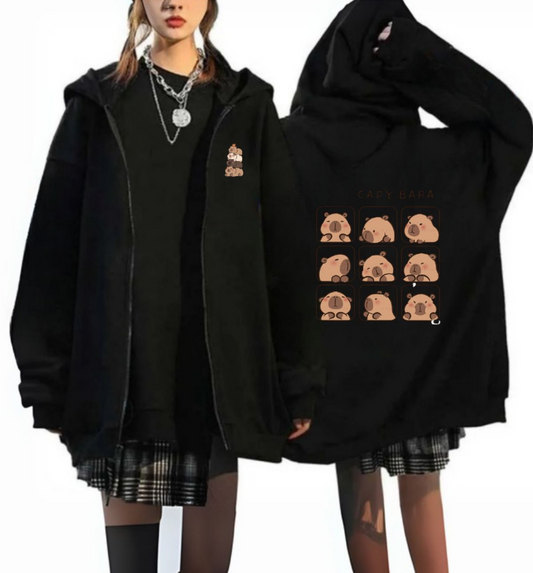 CapyBara Baskılı Oversize Fermuarlı Siyah Unisex Kapüşonlu Hırka